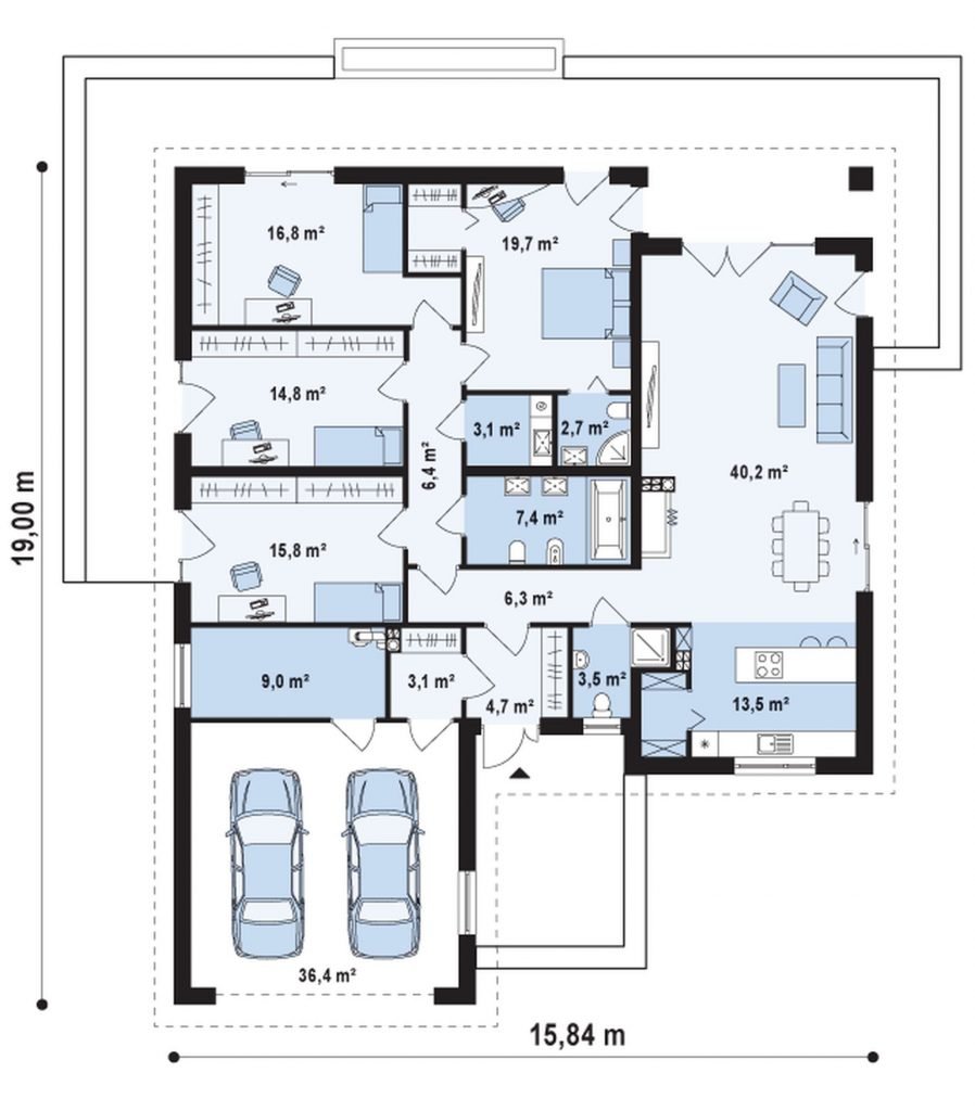 Планировка одноэтажного дома 4 спальни сауна гараж