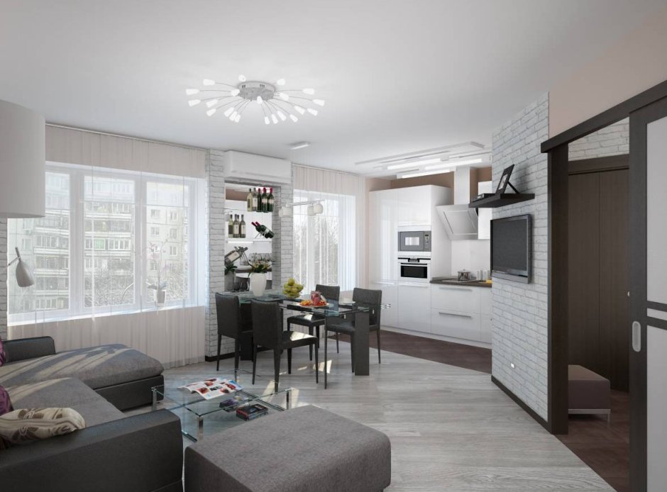 Кухня гостиная в трехкомнатной квартире