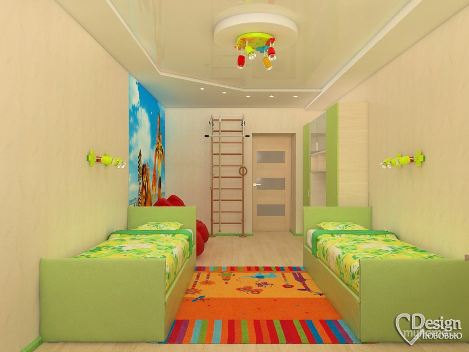 Прямоугольная детская комната для двоих расстановка мебели
