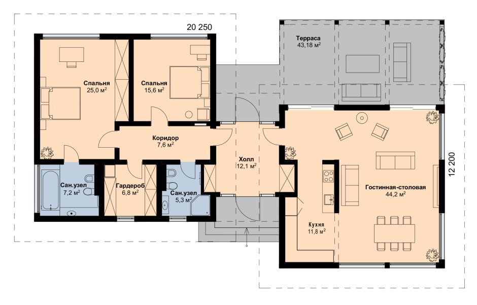 Одноэтажный дом 150 кв.м планировка с террасой 4 комнаты