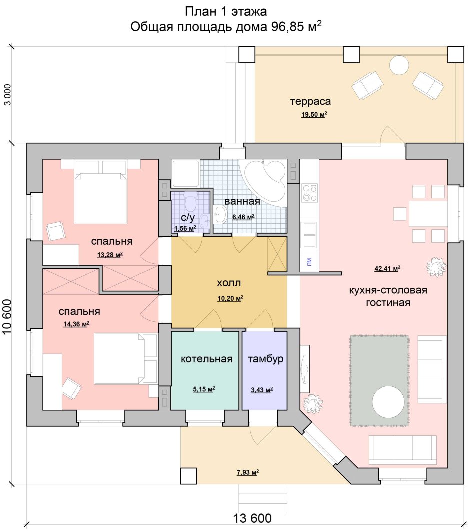 План одноэтажного дома с 2 спальнями и террасой 60 кв м