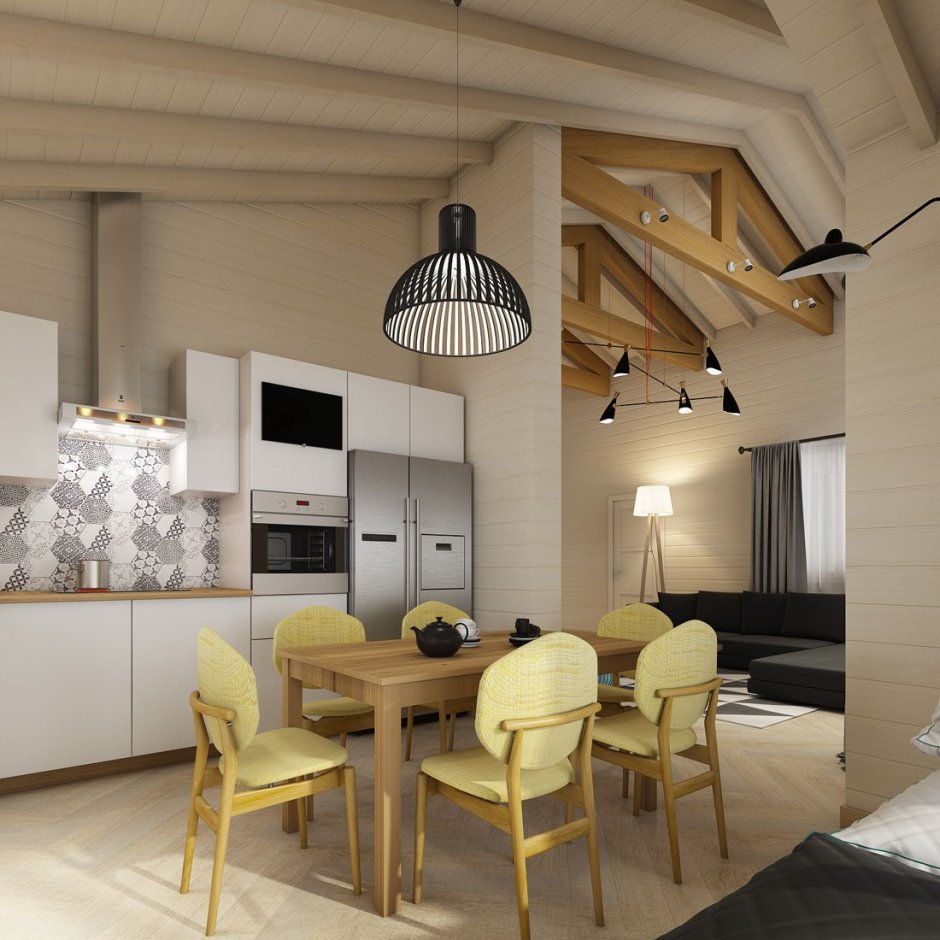 Световое решение в загородном доме кухня гостиная