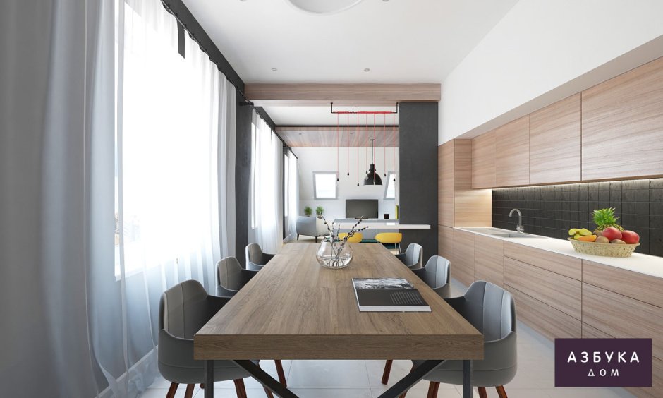 Кухня гостиная с лестницей