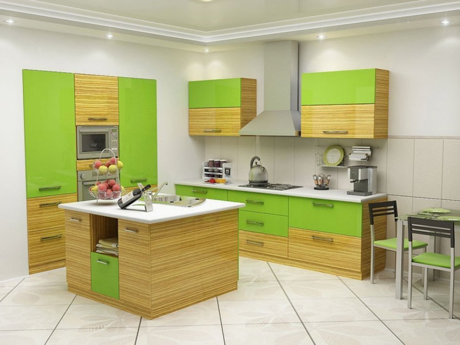 Кухня зеленая с деревом