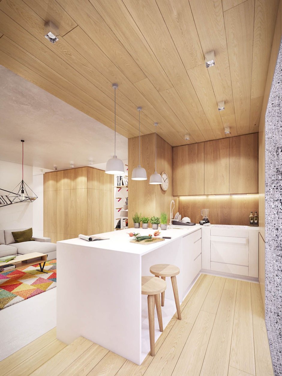 Деревянный потолок на кухне в квартире