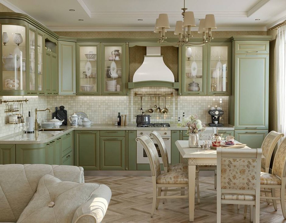 Кухня в стиле Прованс зеленого цвета