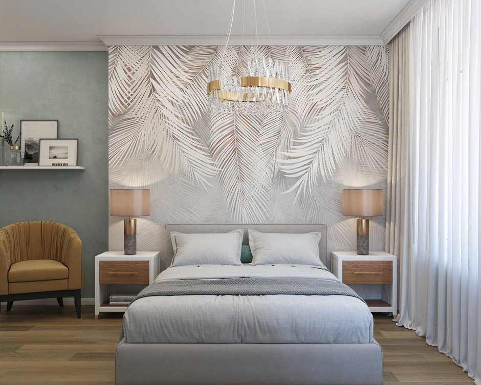 Фотообои с перьями на стены в интерьере спальни