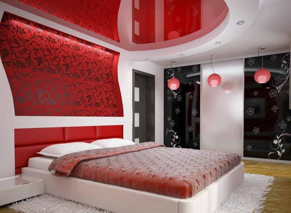 Комната с красной кроватью