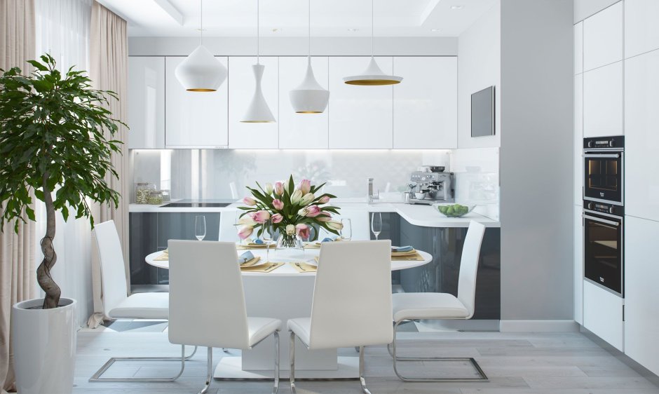 Кухня гостиная в белых тонах 2020 год