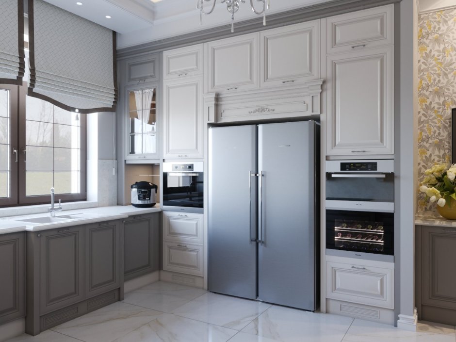 Холодильник в интерьере классической кухни