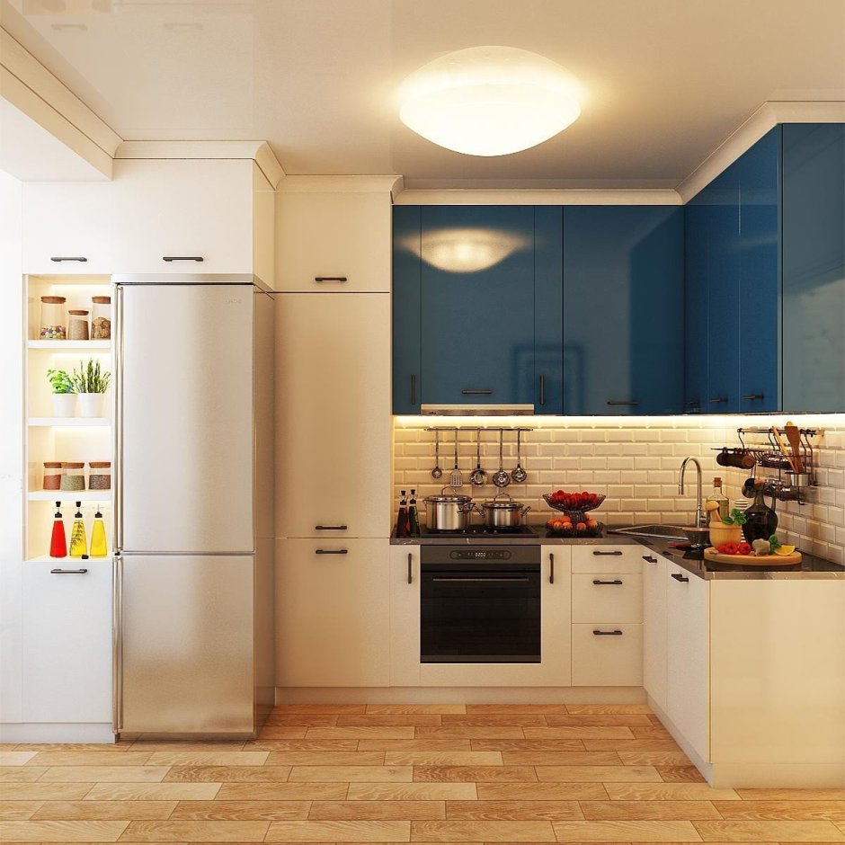 Бежевый холодильник в интерьере кухни