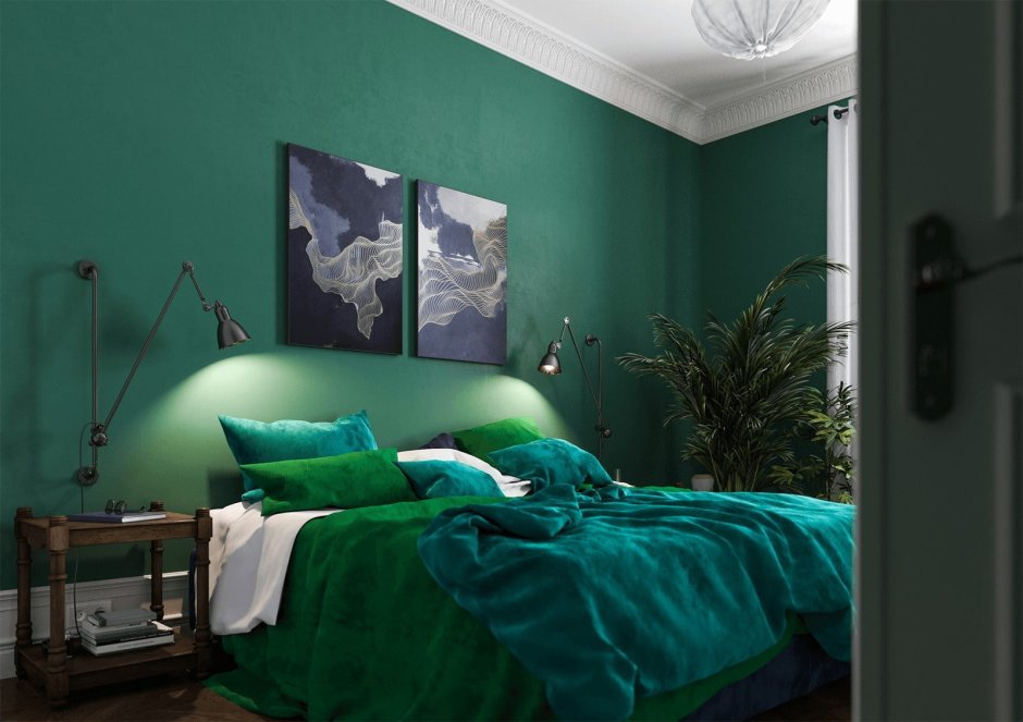 Зеленая акцентная стена в спальне