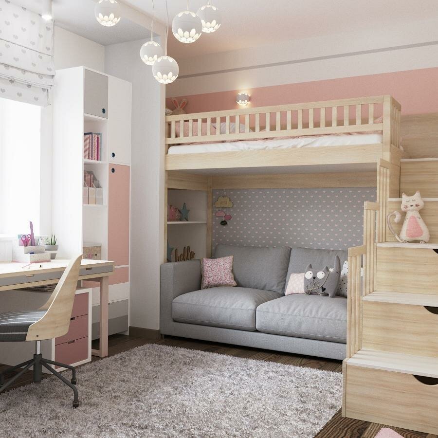 Комната для двух девочек с двухъярусной кроватью