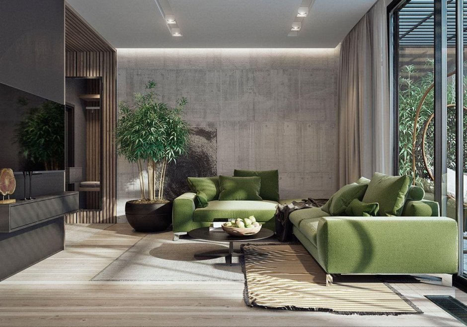 Оливковый диван в интерьере гостиной