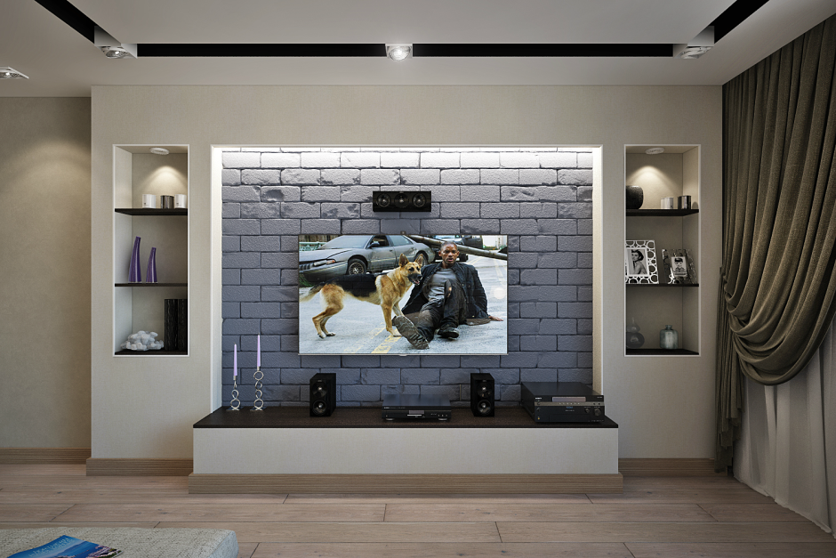 Современный интерьер гостиной с большим телевизорам