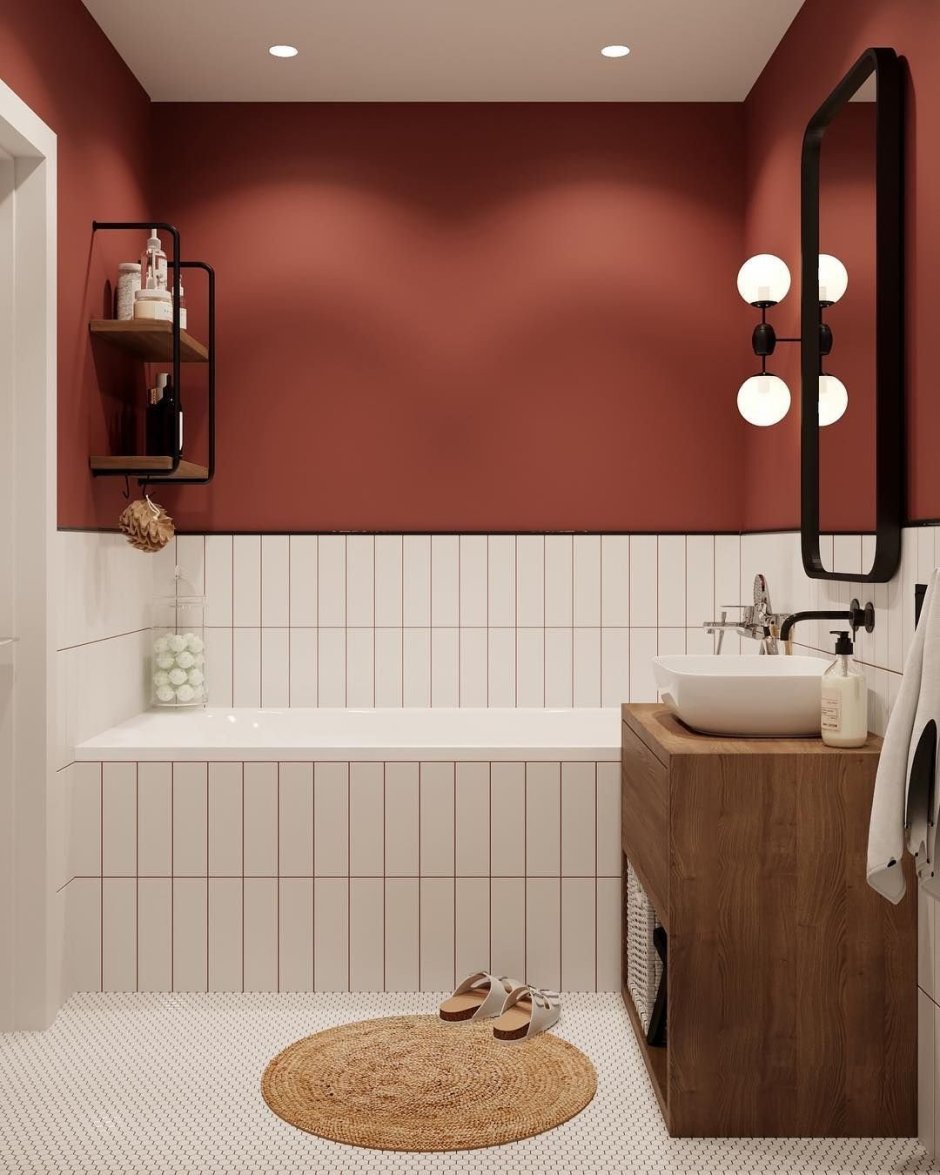 Интерьеры ванных комнат с плиткой кабанчик