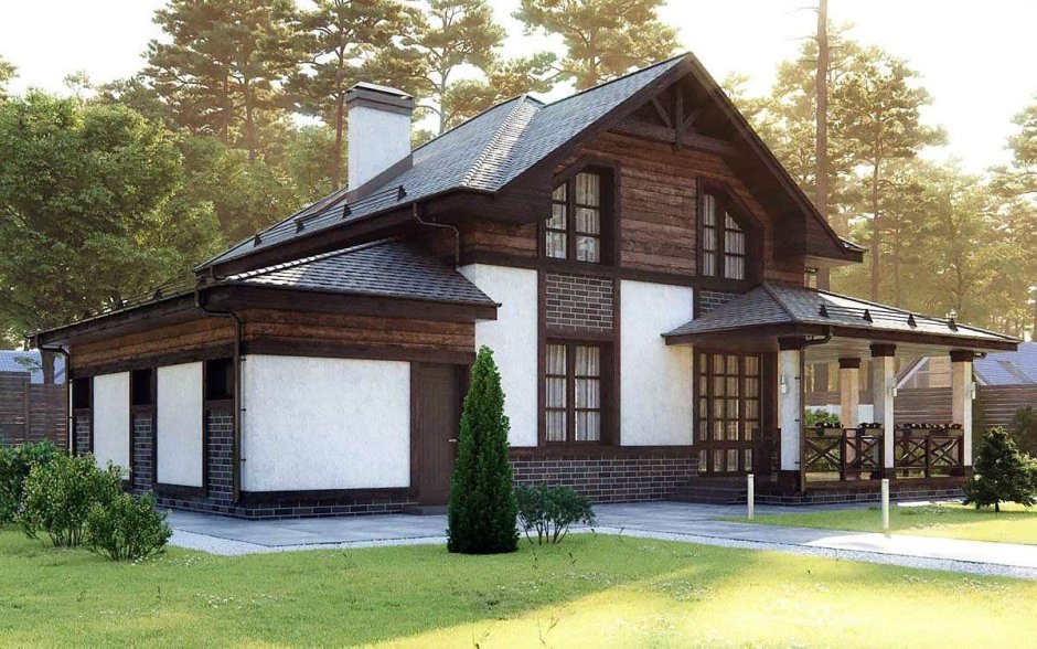 Одноэтажный Шале комбинированный дом кирпич
