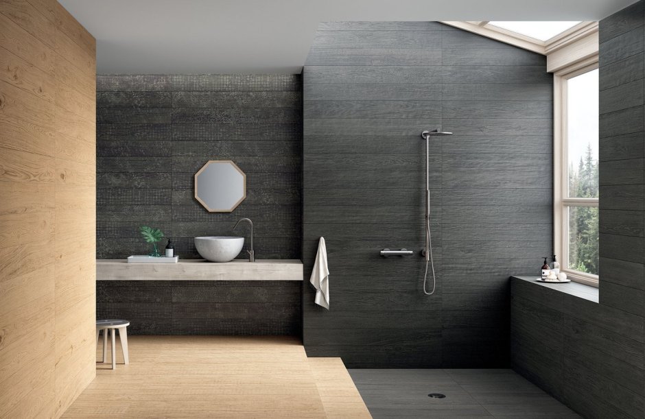 Дизайн ванной комнаты серый с деревом