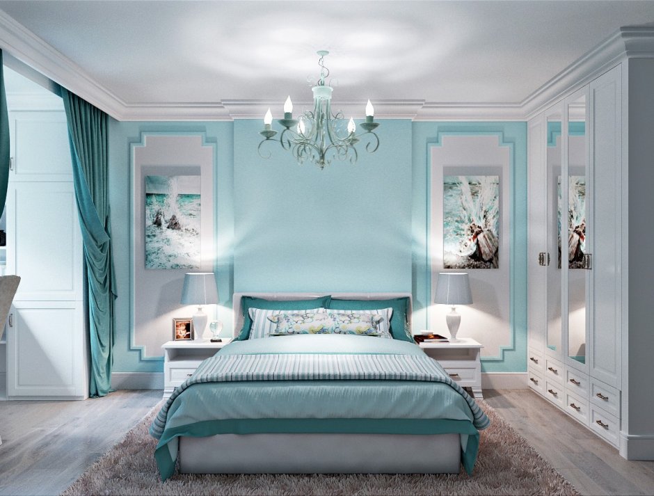Бирюзовая спальня с белой мебелью