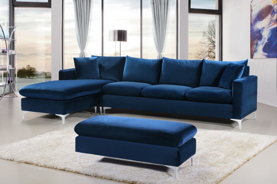 Угловой диван велюровый синий