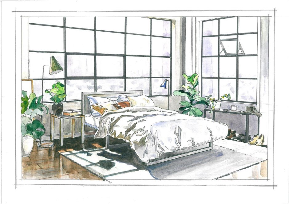 Интерьерные скетчи акварелью