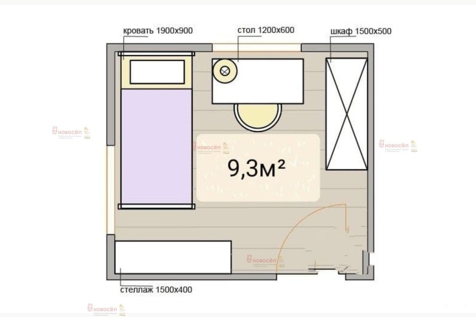 Спальня 9м2 квадратная расстановка чертеж