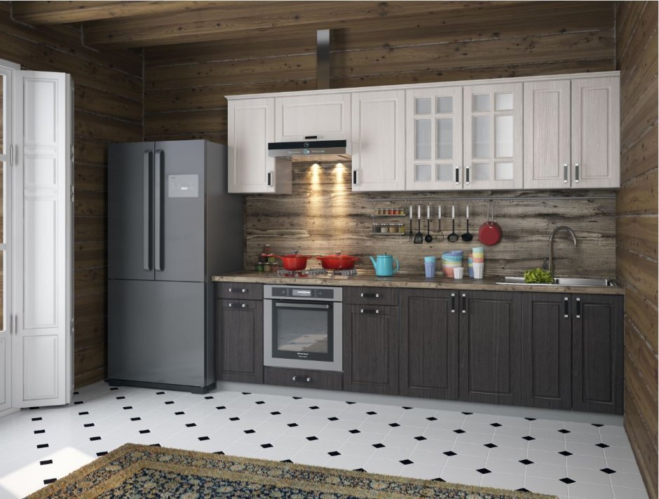 Кухня в цвете кофе с холодильником серого цвета