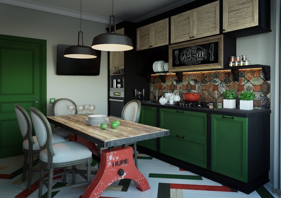 Зеленая кухня лофт