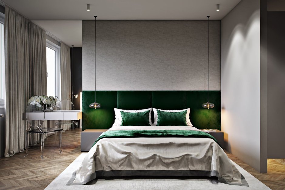 Зеленая кровать в интерьере