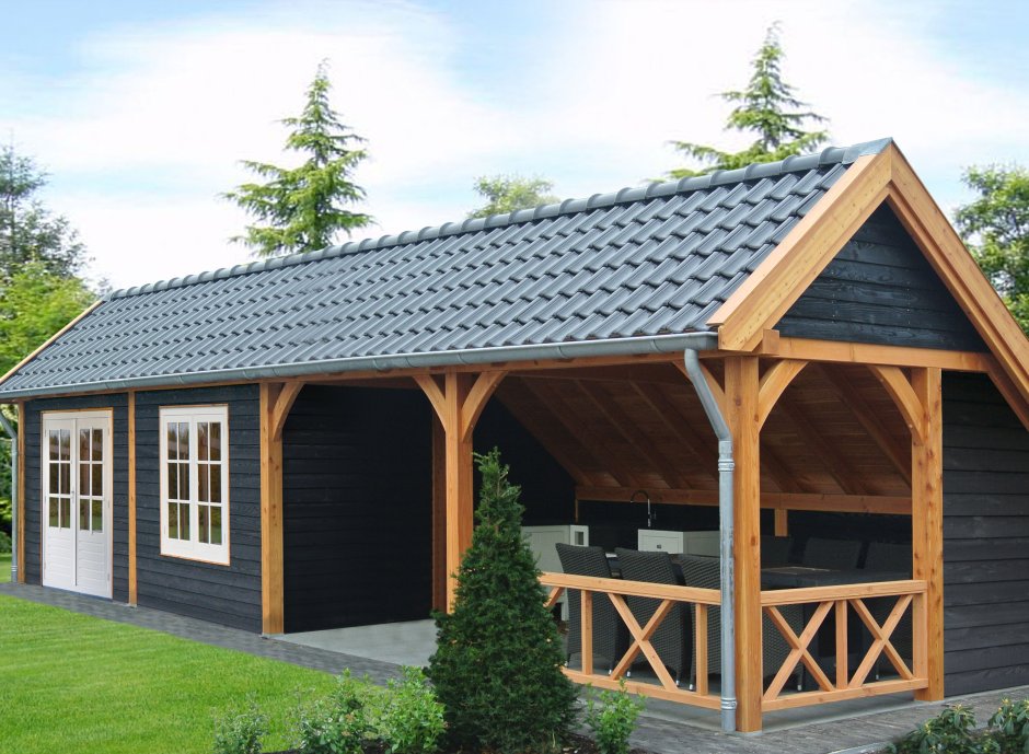 Гараж с беседкой под одной крышей