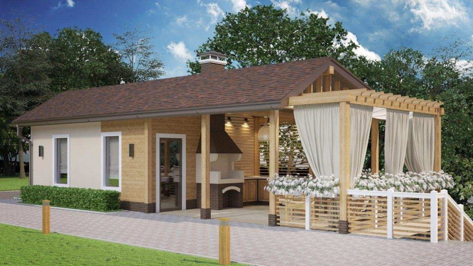 Баня летняя кухня веранда под одной крышей проекты