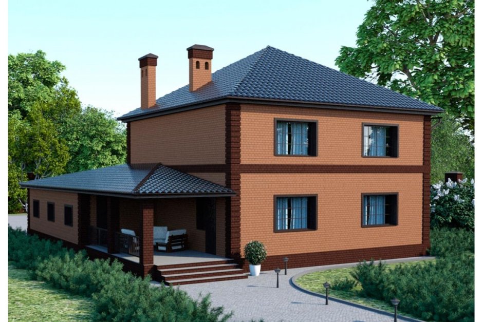 Двухэтажный кирпичный дом с террасой