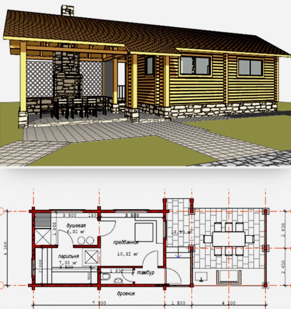 Баня с верандой под одной крышей 6на5