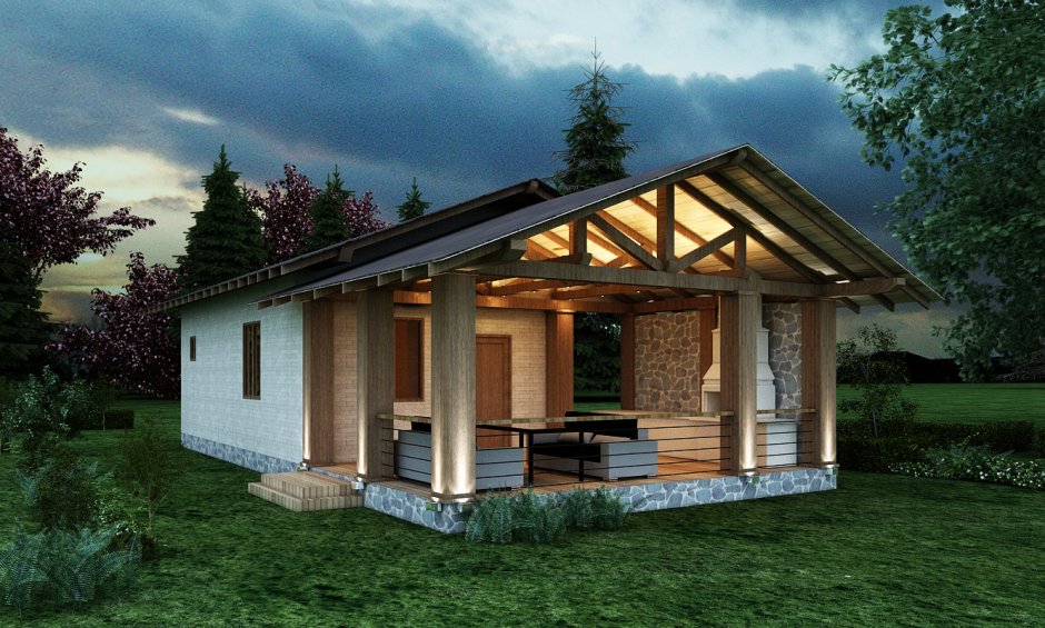 Баня с террасой под одной крышей 6х4м