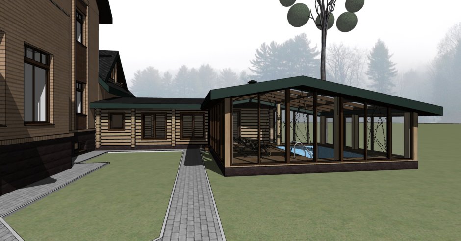 Баня с беседкой и бассейном под одной крышей