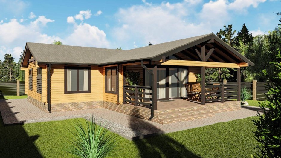 Деревянный дом одноэтажный с террасой 100кв