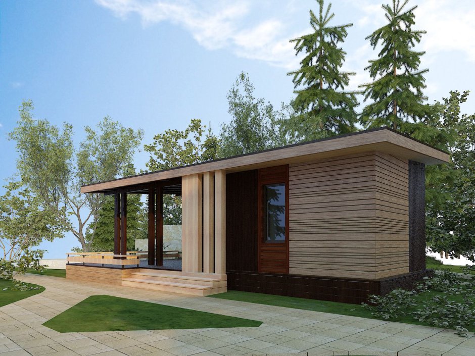 Баня с односкатной крышей и террасой