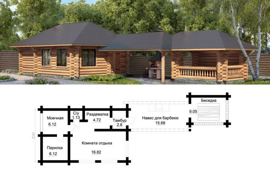 Баня 4 на 6 с террасой под одной крышей проекты