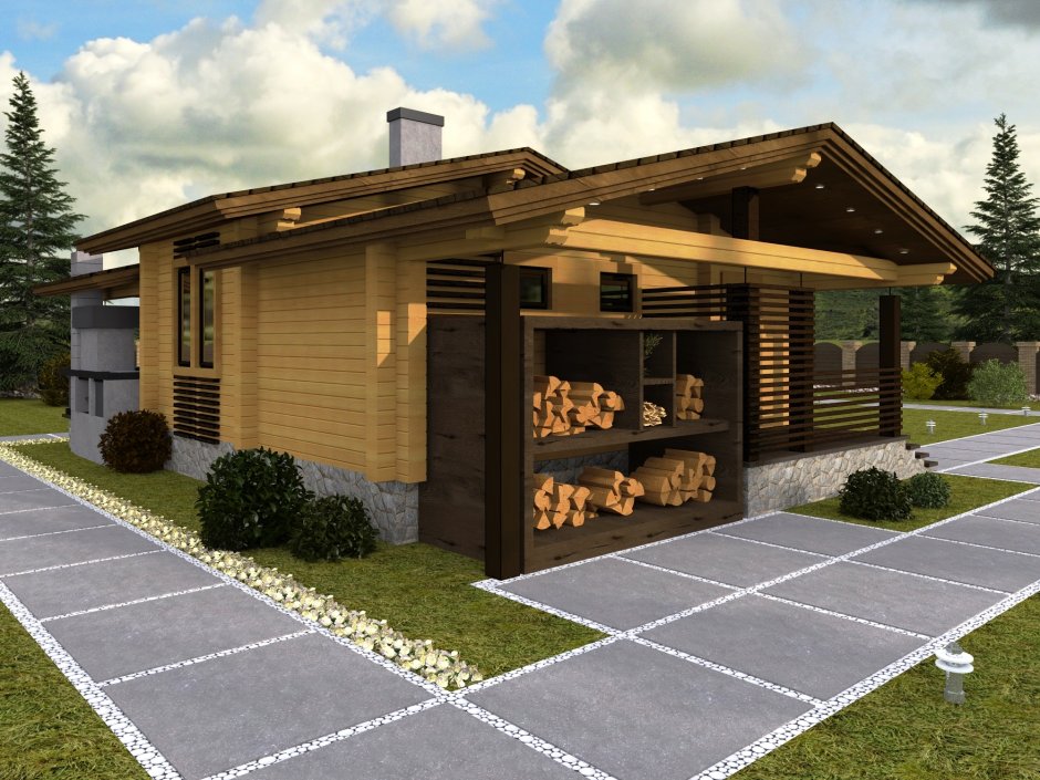 Баня с террасой и барбекю с односкатной крышей