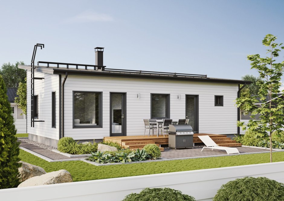 Фасад одноэтажный белый дом с односкатной крышей