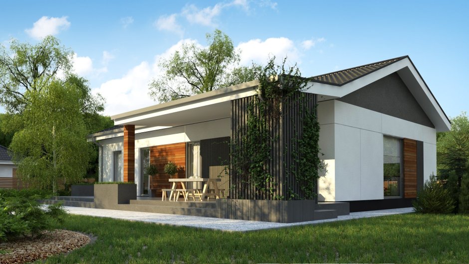 Одноэтажный дом с односкатной крышей белый