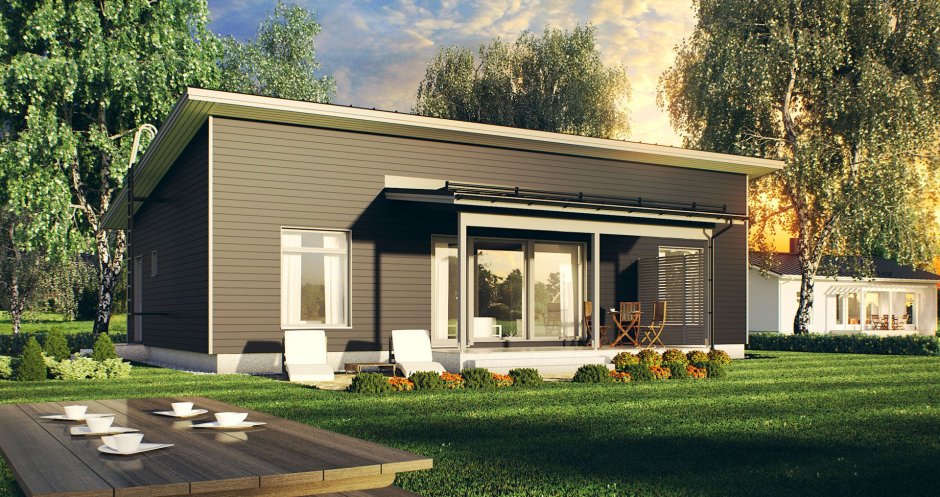 Одноэтажный дом с односкатной крышей белый