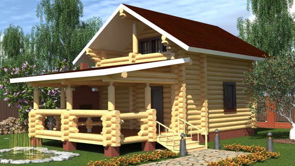 Двухэтажная баня из оцилиндрованного бревна