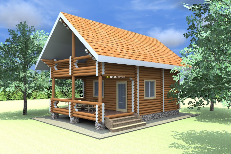 Баня из бревна с мансардой и верандой