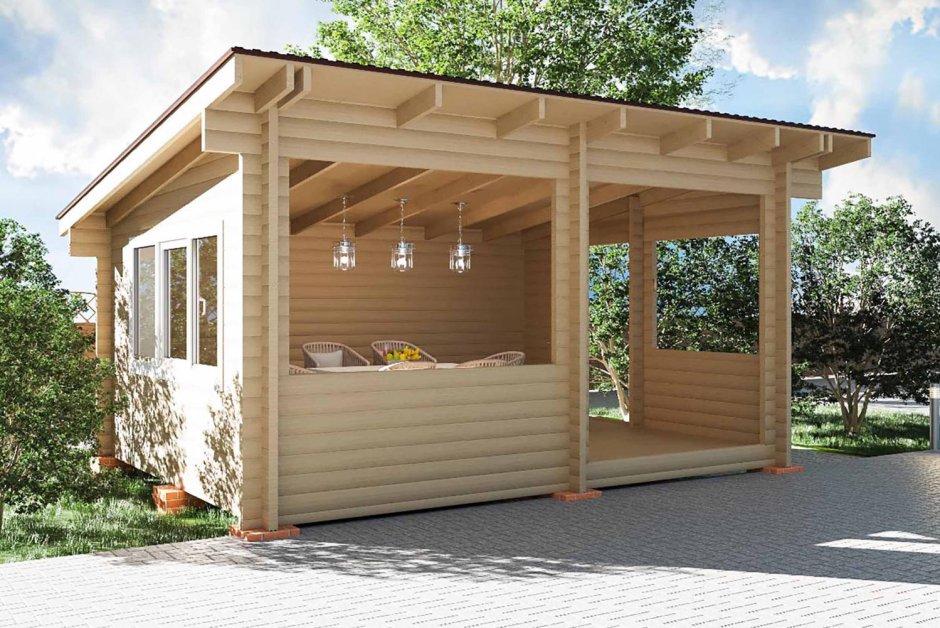 Баня с беседкой под односкатной крышей