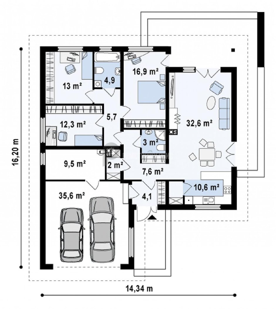 Планировка одноэтажного дома с гаражом на 2 машины