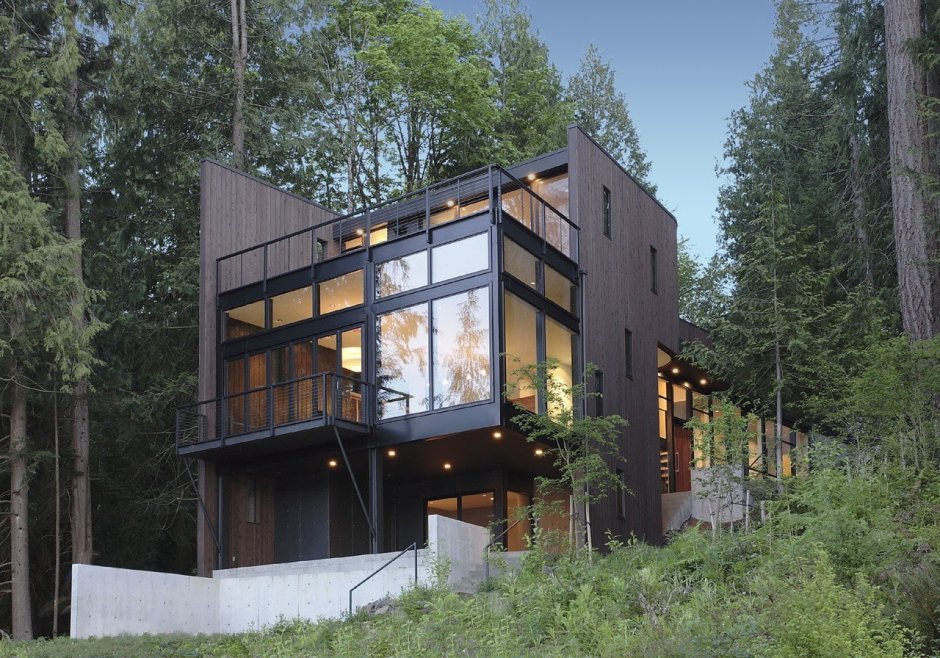 Дом в стиле хайтек у озера в лесу