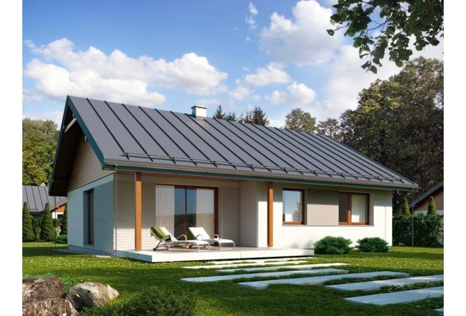 Одноэтажный дом с двускатной крышей