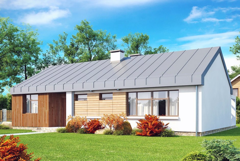 Современный одноэтажный дом с двускатной крышей