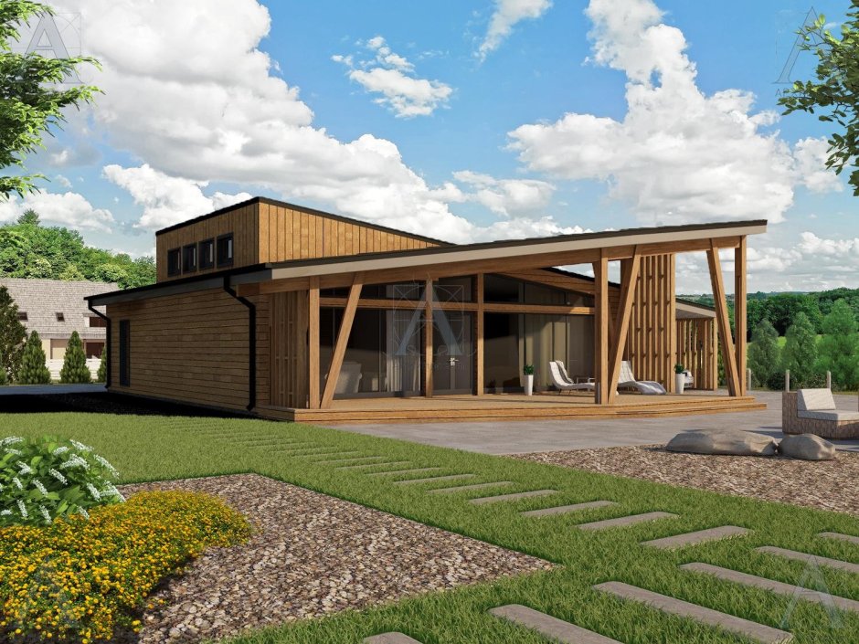 Одноэтажный дом с односкатной крышей и террасой